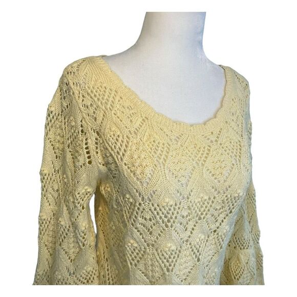 Jeanne Pierre Crochet Sweater Butter Yellow Knit Bell Sleeve Round Neck S - Picture 3 of 7